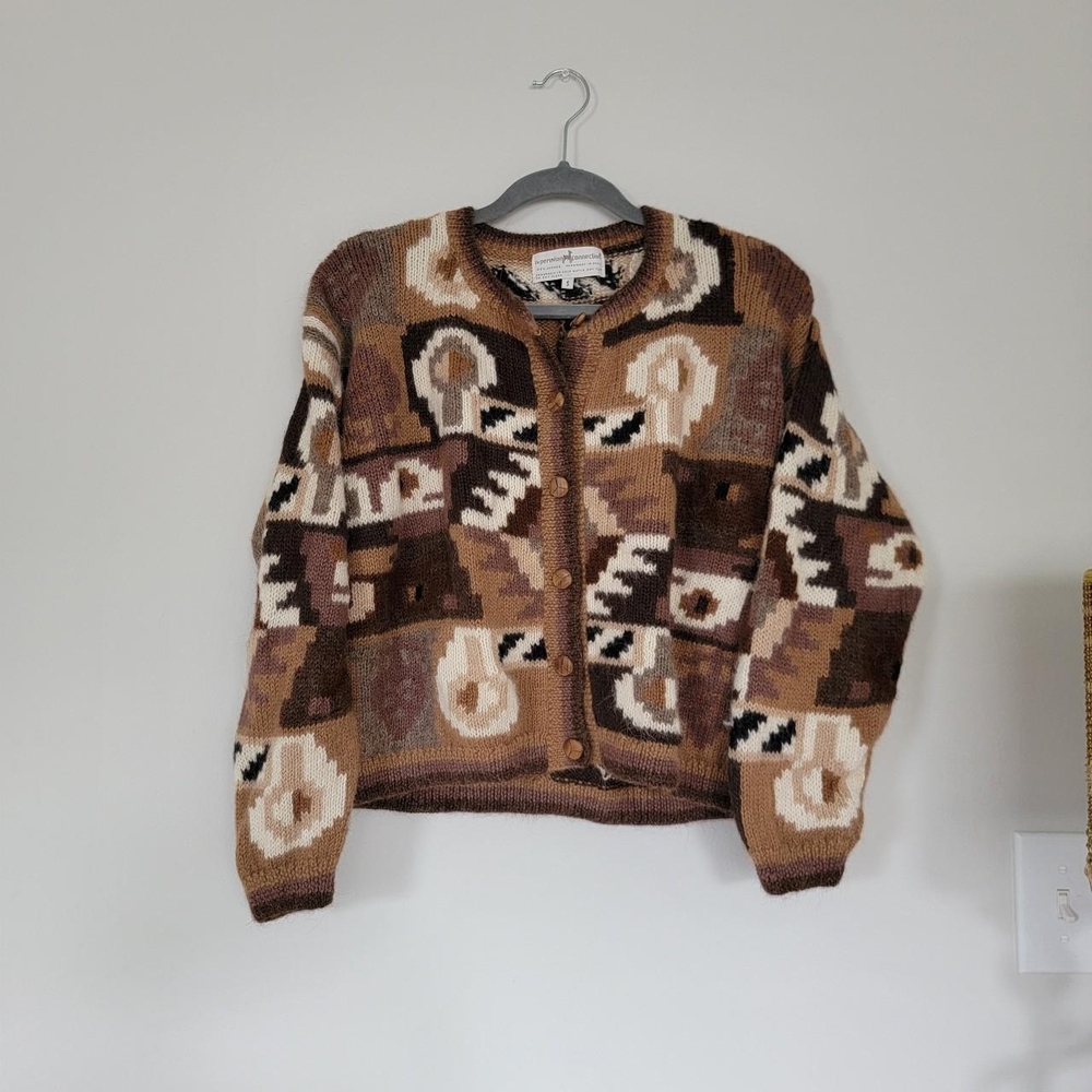 Vintage Peruvian Connection Geometric Alpaca Wool Brown Cardigan